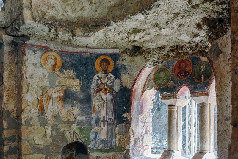 En gammal freskomålning på väggen av den St Nicholas kyrkan, Demre arkivbild En gammal freskomålning på väggen av den St Nicholas kyrkan, Demre arkivbild