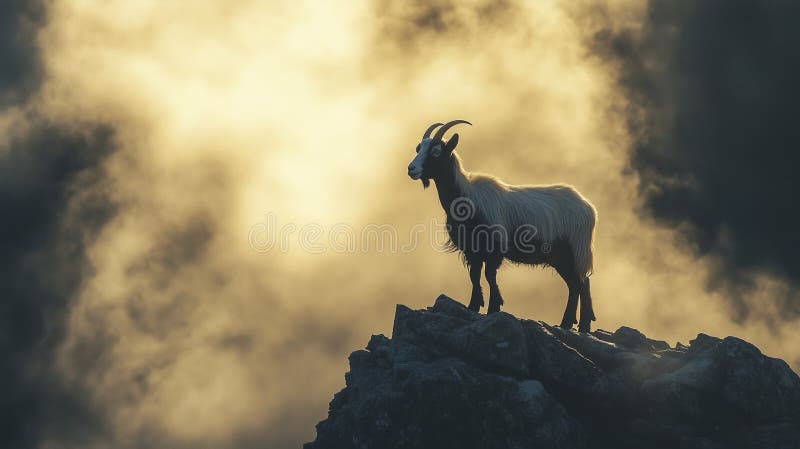 En get står på en hög bergsplats omgiven av en tunn mist och ljus arkivbilder