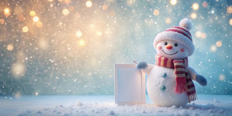 En glad snowman på vintern på ett underland med ett tomt tecken mitt i ett glupskt snöfall och mjukt ljus perfekt för semester stock illustrationer