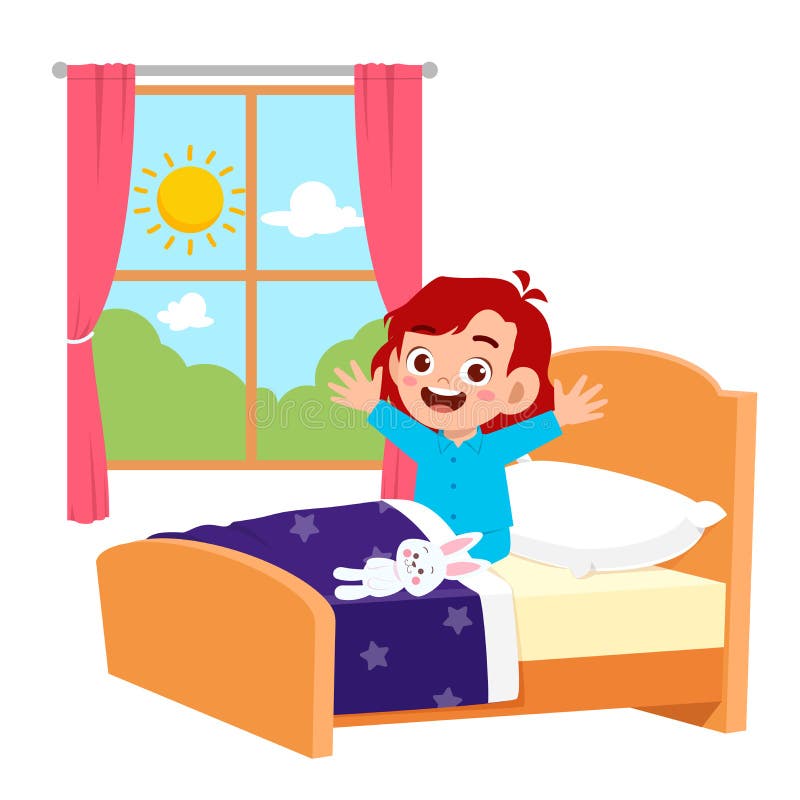En glad, söt liten flicka vaknar på morgonen stock illustrationer