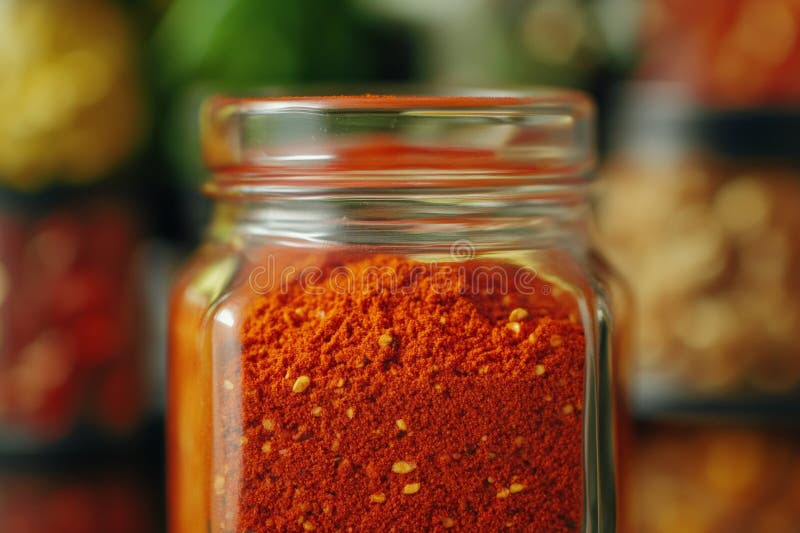 En glasburk fylld med pulvret av pulverröd paprika får uppmärksamhet med dess rika färg och fintextur inställd mot arkivfoto