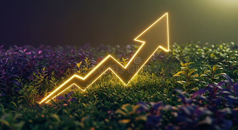 En glödande gyllene pil ritar en uppåtriktad bana mitt i ett grönt lush-fält vektor illustrationer