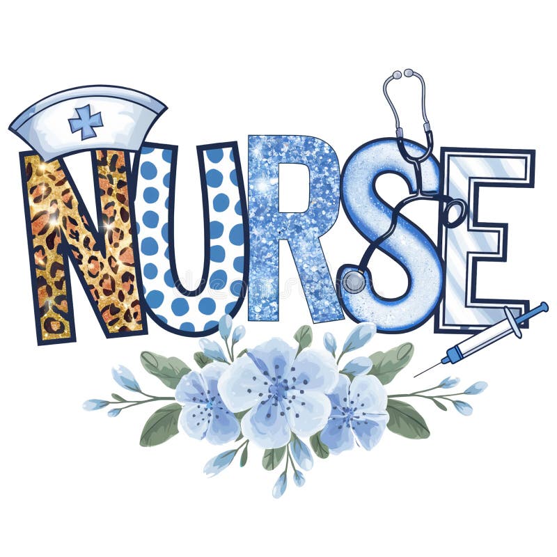 En grafisk design innehåller ordet NURSE med varje bokstav unik formaterad, inklusive ett stetoskop och ett sjukhushölje vektor illustrationer
