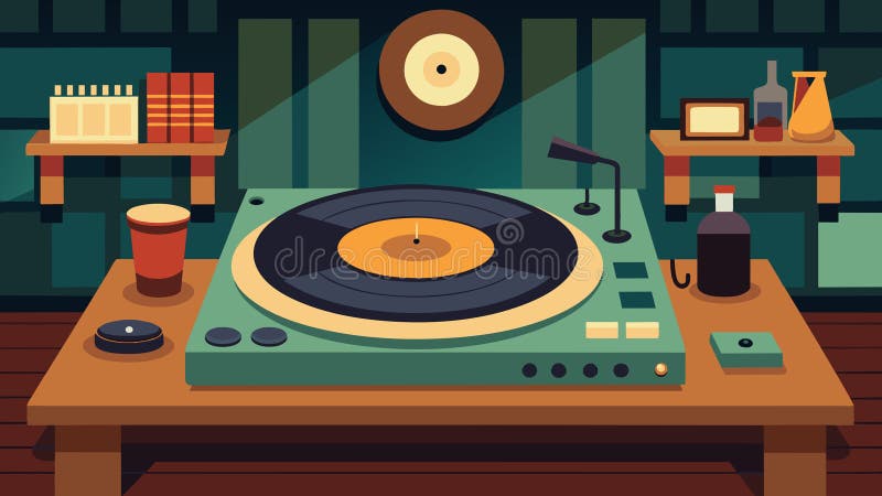 En grafisk återgivning av en vinylinspelning som snurrar på ett bord som annonserar en kväll med levande jazz-musik på en mysig ba royaltyfri illustrationer
