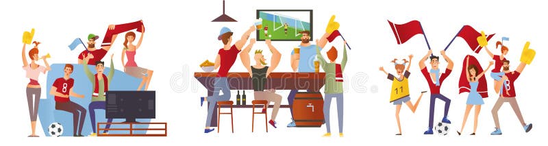 En grupp av vänner, fotbollsfan som hurrar för deras favorit- fotbollslag Män och kvinnor håller ögonen på fotboll på stadion stock illustrationer En grupp av vänner, fotbollsfan som hurrar för deras favorit- fotbollslag Män och kvinnor håller ögonen på fotboll på stadion stock illustrationer