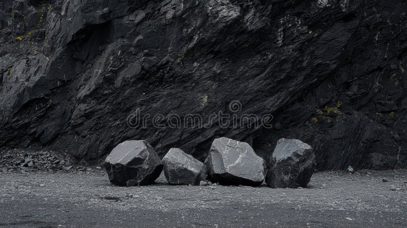 En grupp med fyra stora mörkgrå stenar sitter på en klippstrand. fotografering för bildbyråer