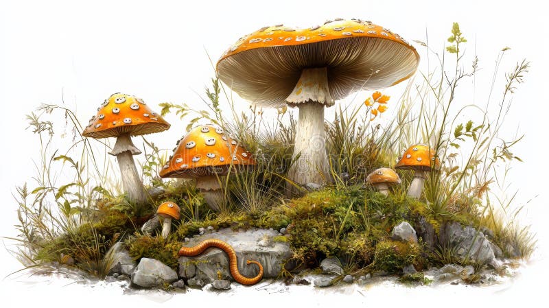 En grupp muntra små jordvänner svampar som blåser på en bädd av gröngräs vektor illustrationer