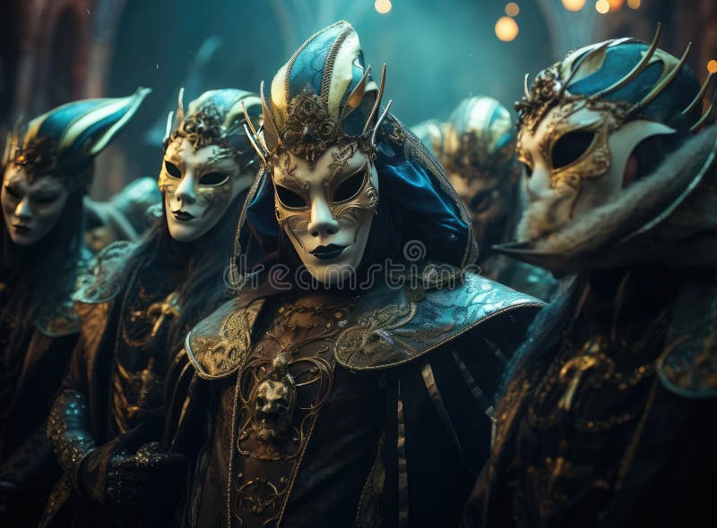 En grupp människor på en maskerad karneval på plats tittar på kameran som genererats