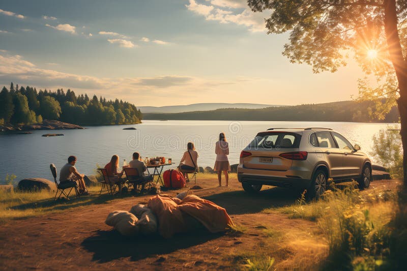 En grupp oskarpa vänner som gör omhuldade minnen på sin resa genererade picknicker royaltyfri illustrationer