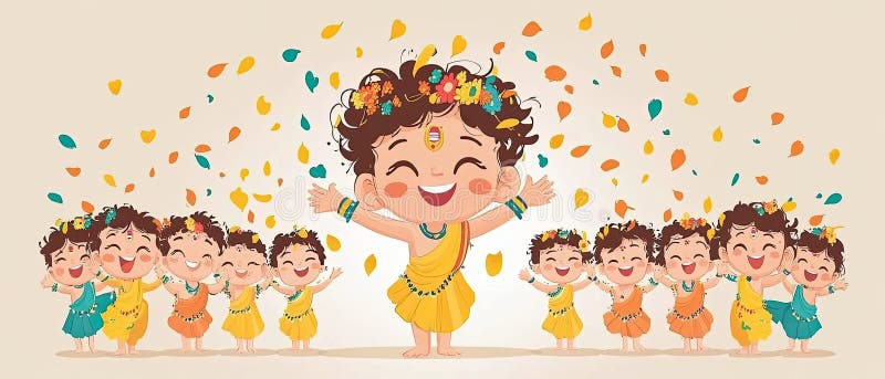 En grupp söta tecknade barn som firar med blommor som faller på dem vektor illustrationer