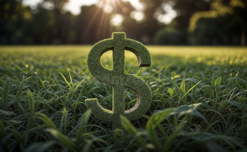 En grön dollarsymbol placeras ovanpå ett lush green field omgivet av gräs vektor illustrationer