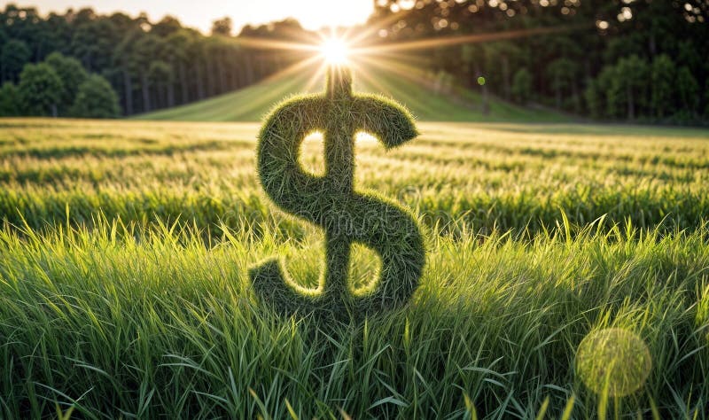 En grön dollarsymbol placeras ovanpå ett lush green field royaltyfri illustrationer
