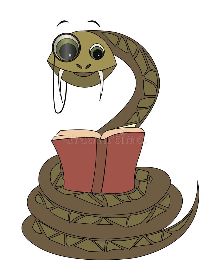 En grön orm med en monokel läser en bok stock illustrationer