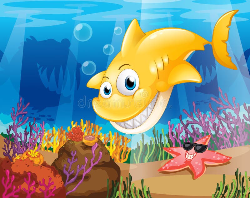 En gul haj under havet med sjöstjärnan och koraller stock illustrationer En gul haj under havet med sjöstjärnan och koraller stock illustrationer