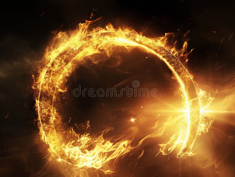 En gyllene ring med intensiv flamma i en mörk bakgrund som symboliserar makt arkivfoto