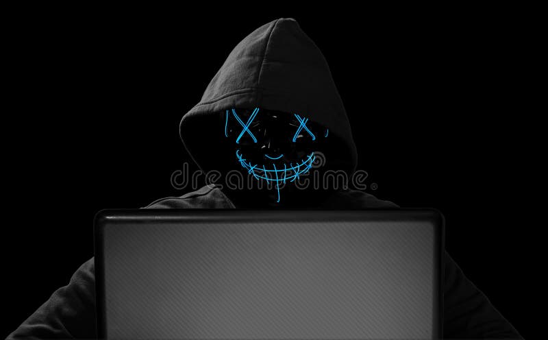 En hacker med den glödande maskeringen bak anteckningsbokbärbara datorn framme av det isolerade svarta begreppet för attack f royaltyfri illustrationer En hacker med den glödande maskeringen bak anteckningsbokbärbara datorn framme av det isolerade svarta begreppet för attack f royaltyfri illustrationer