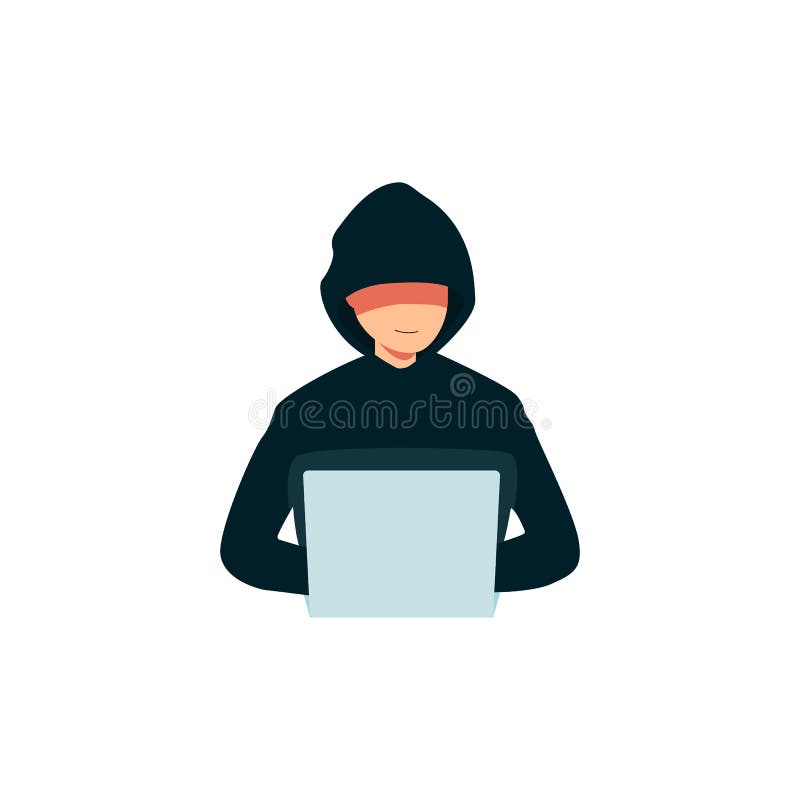 En hacker som använder en bärbar datorsymbol, brottslig man i en hoodie som bryter in i dators säkerhet royaltyfri illustrationer En hacker som använder en bärbar datorsymbol, brottslig man i en hoodie som bryter in i dators säkerhet royaltyfri illustrationer