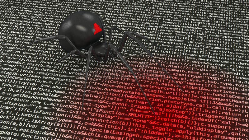 En hackerspindel som smittar begrepp för cybersecurity för datorkod stock illustrationer En hackerspindel som smittar begrepp för cybersecurity för datorkod stock illustrationer