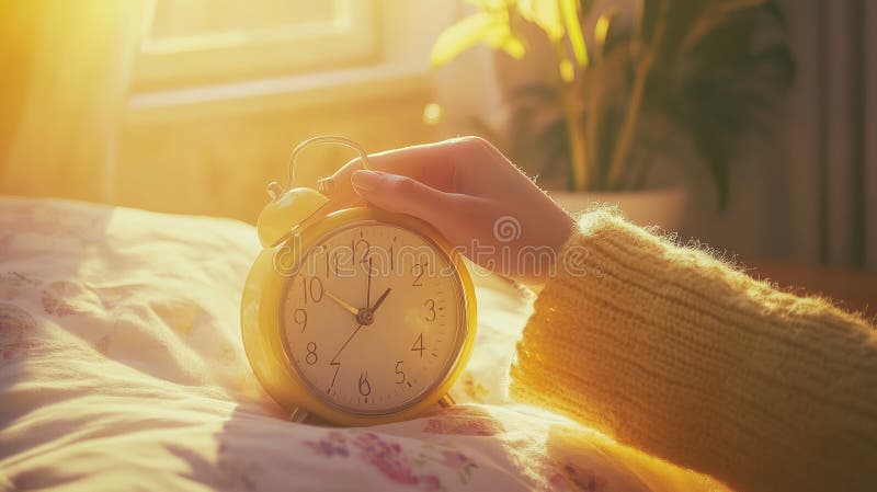 En hand når ut för att stänga av en gul larmklocka som sitter på en säng som tappas i varm morgonbelysning arkivfoto