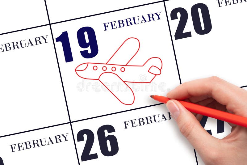 19:e dagen i februari. en handritning över flygplanet på kalenderdatum 19 februari. Datum för flygningen i planet. resor inom resebranschen. vintermånad. årets dag