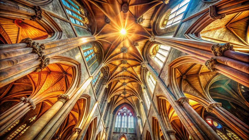 En Heavenly Tapestry Exploring the Intricate Architecture of a Surreal Cathedral Ceiling where Intricate Wooden Beams royaltyfri illustrationer