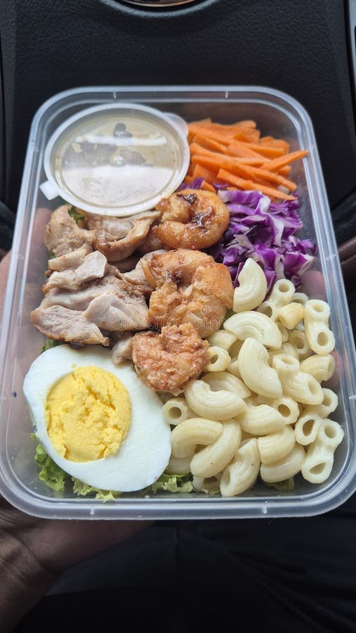 En hel förpackning med frisk sallad innehåller papegojor (morot), pasta (kycklingkött), ägghuvudkål och vissa grönsaker i plastbeh arkivfoton