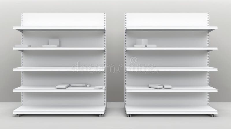 A mockup of an empty supermarket shelf with racks for displaying items. A realistic 3D modern illustration of a bookcase stand shown from various angles.. AI generated. A mockup of an empty supermarket shelf with racks for displaying items. A realistic 3D modern illustration of a bookcase stand shown from various angles.. AI generated