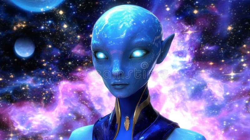 En human blå utomjordisk varelse med egna öron i en kosmisk bakgrund fribor sirianer lyrans vektor illustrationer