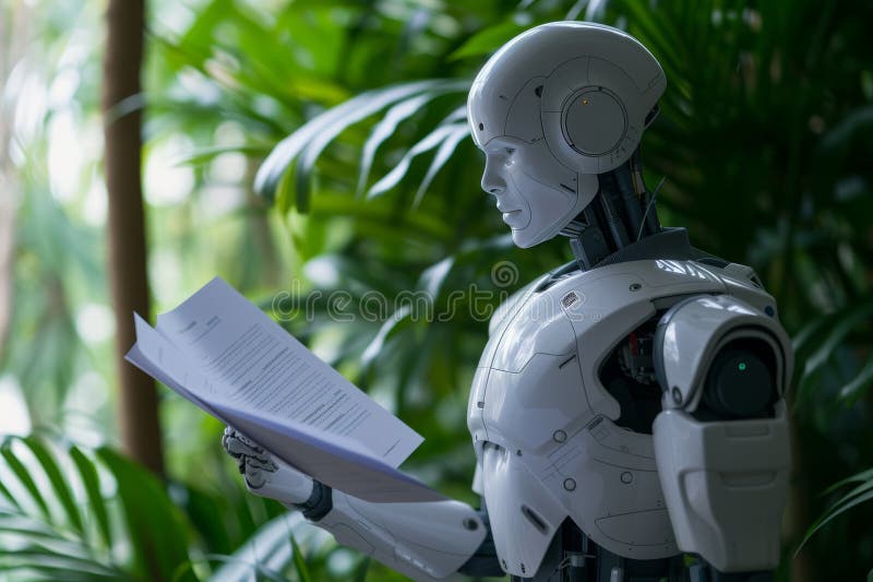 En human robot granskar ett pappersdokument bland lush grey i en modern inomhusmiljö royaltyfri fotografi