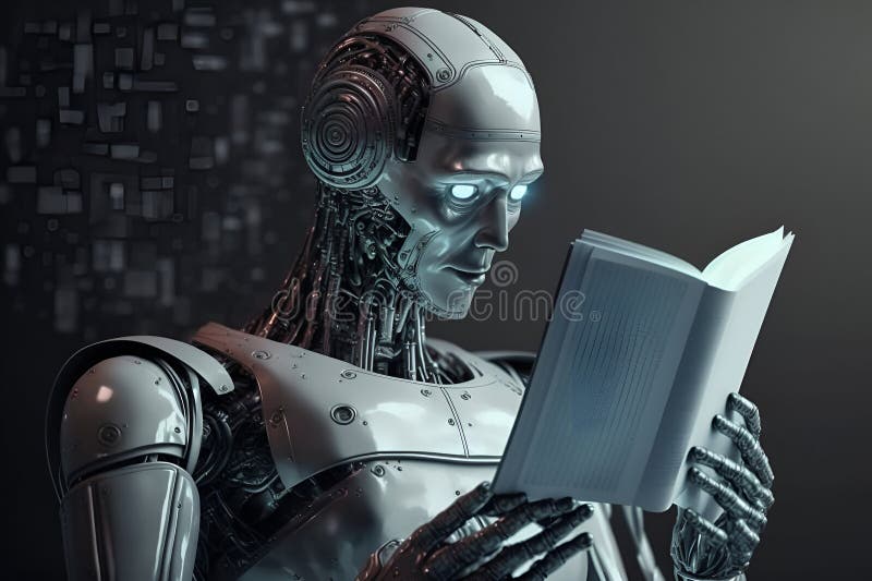 En human robot läser en bok generativ ai stock illustrationer