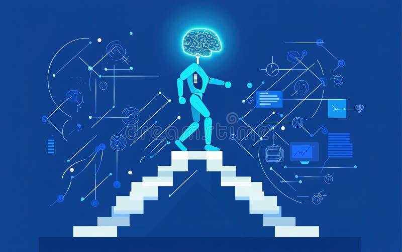 En human robot som går upp för trapporna med en glödande hjärna i ett digitalt landskap fylld med data och teknik. En human robot är på uppåtgående trappor som visar en glödande hjärna som symboliserar framkallad intelligens
