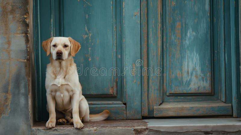 A dog sits by the door and waits for his master. High quality photo AI generated. A dog sits by the door and waits for his master. High quality photo AI generated