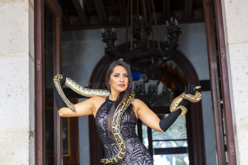 En härlig latinamerikansk orm för Constrictor för brunettmodellPoses With A Boa runt om hennes kropp fotografering för bildbyråer En härlig latinamerikansk orm för Constrictor för brunettmodellPoses With A Boa runt om hennes kropp fotografering för bildbyråer