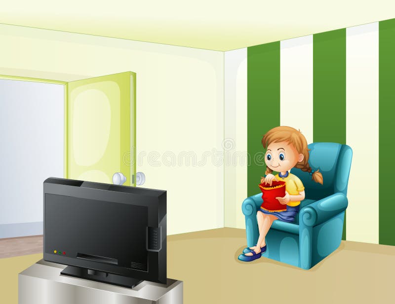 En hållande ögonen på TV för flicka, medan äta stock illustrationer En hållande ögonen på TV för flicka, medan äta stock illustrationer