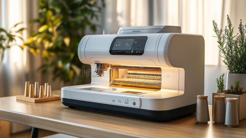 En högteknologisk broderimaskin omgiven av spolar av färglöst inomhus med precision och hantverk arkivfoton