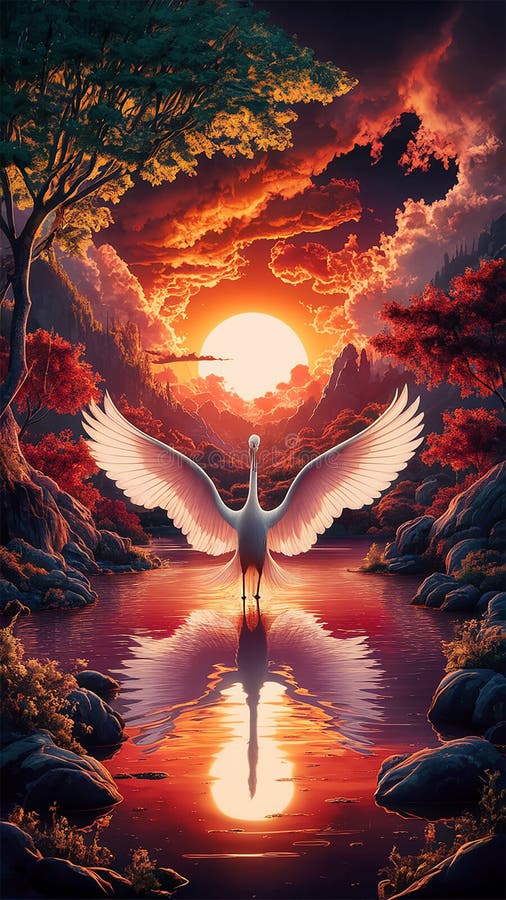 En högupplöst 3d-rendering av ett serenlandskap under solnedgång. vektor illustrationer
