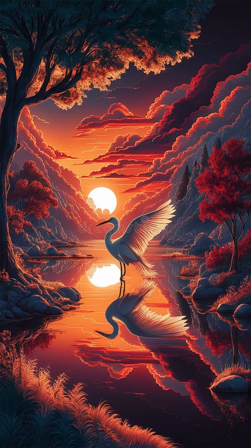 En högupplöst 3d-rendering av ett serenlandskap under solnedgång. stock illustrationer