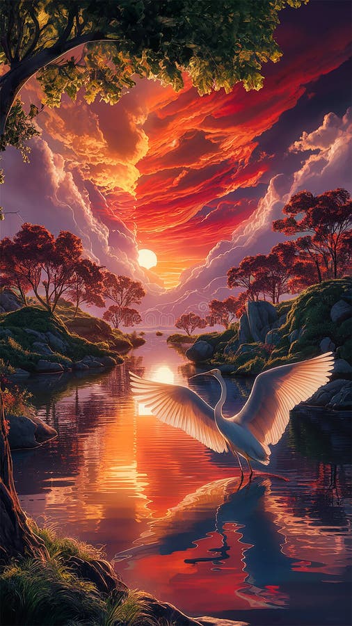 En högupplöst 3d-rendering av ett serenlandskap under solnedgång. stock illustrationer