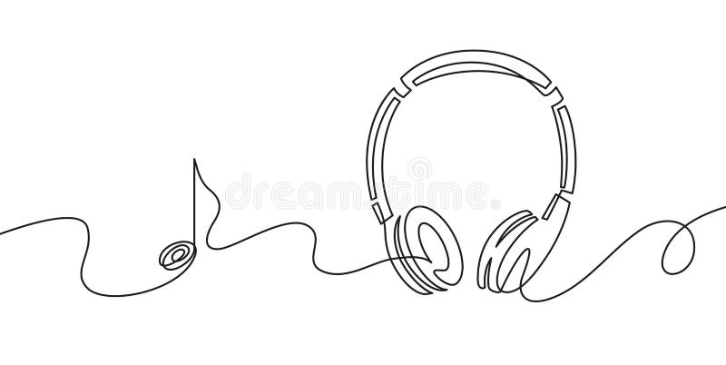 En hörlurar. kontinuerlig teckning av musikgadget och anteckning. dispositionsskiss för hörlurar. konceptet för vektor i hjärtat