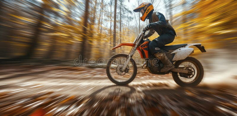 En idrottsman möter med frihet och snabbhet på en motorcykel genom skogsmark. rörelseoskärpa stock illustrationer