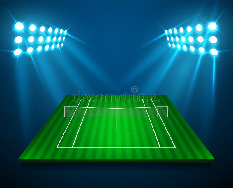 En illustration av perspektivTENNISfältet, cort med ljusa stadionljus planlägger Vektor EPS 10 Rum för kopierar vektor illustrationer En illustration av perspektivTENNISfältet, cort med ljusa stadionljus planlägger Vektor EPS 10 Rum för kopierar vektor illustrationer