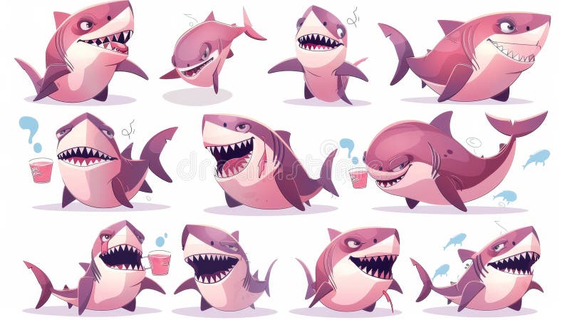 An illustration of a cute shark cartoon character, a funny fish mascot, and an underwater animal expressing emotions such as falling in love, smiling, suffering from plastic trash, drinking tea,. AI generated. An illustration of a cute shark cartoon character, a funny fish mascot, and an underwater animal expressing emotions such as falling in love, smiling, suffering from plastic trash, drinking tea,. AI generated