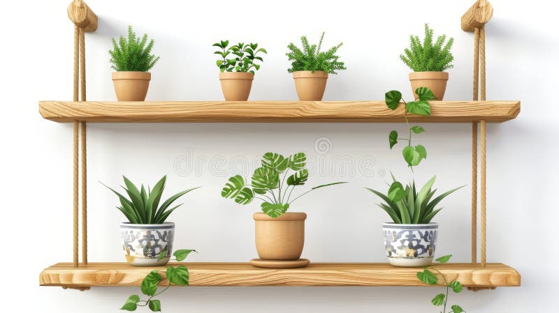 An illustration of wooden shelves on ropes with plants in ceramic pots. Front racks on white wall background. An interior design element for decoration and ledges furniture.. AI generated. An illustration of wooden shelves on ropes with plants in ceramic pots. Front racks on white wall background. An interior design element for decoration and ledges furniture.. AI generated