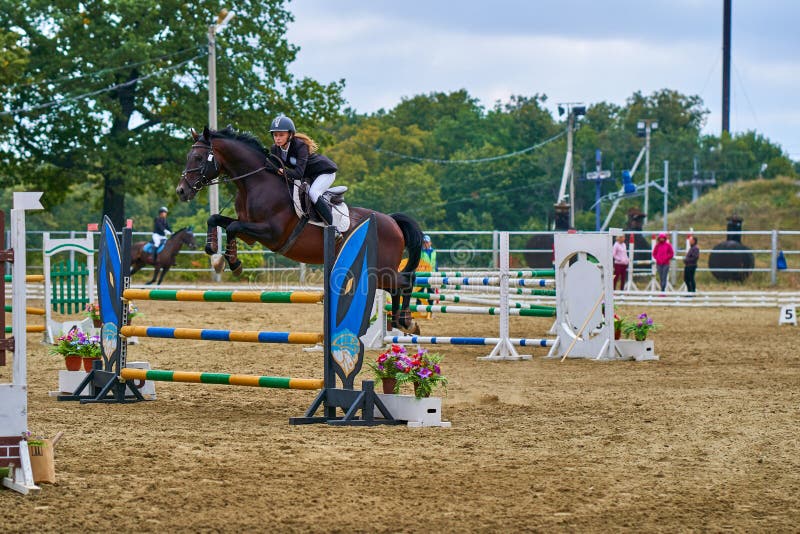 En jockey för ung kvinna på en häst utför ett hopp över barriären royaltyfri fotografi