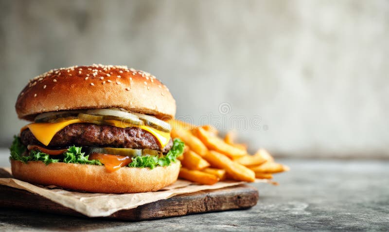 En juicy cheeseburger med ostmejselmejsel av sallat och en nötköttsbit på en sesamfröbun som serveras med en sida av gyllene frite vektor illustrationer