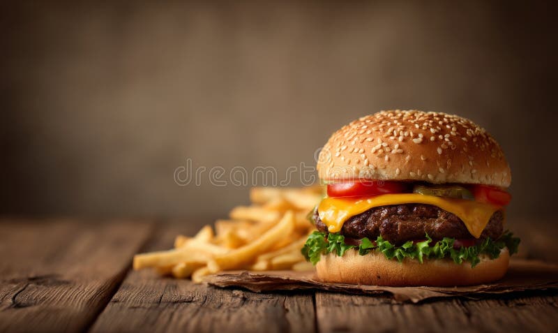 En juicy cheeseburger med ostmejselmejsel av sallat och en nötköttsbit på en sesamfröbun som serveras med en sida av gyllene frite royaltyfri illustrationer