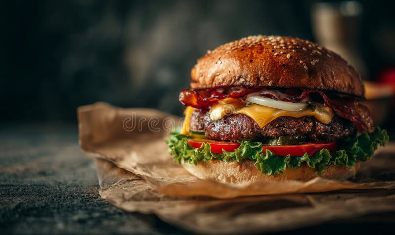 En juicy cheeseburger med sallattomat och lök inuti ett sesamfrö som placeras på brunt papper stock illustrationer