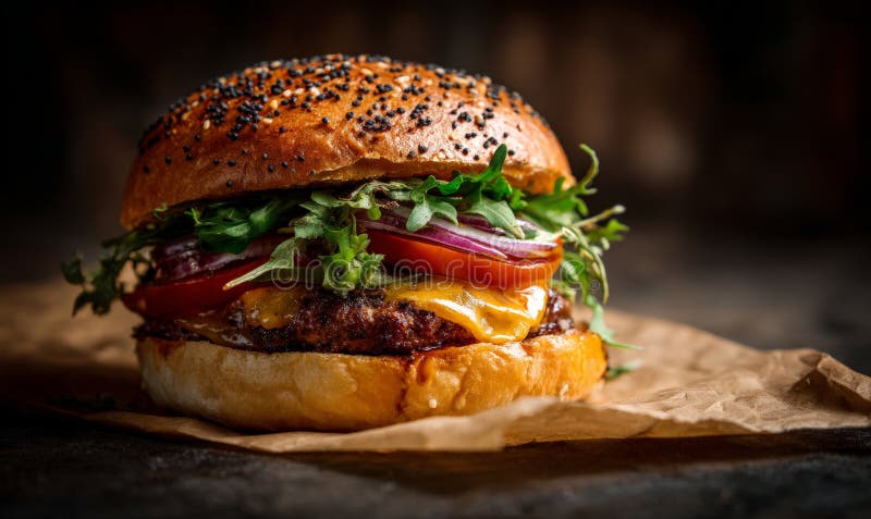 En juicy cheeseburger med sallattomat och lök inuti ett sesamfrö som placeras på brunt papper vektor illustrationer
