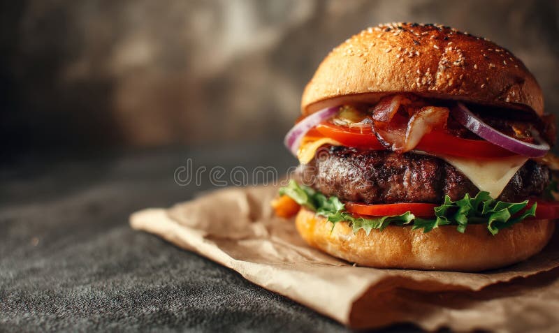 En juicy cheeseburger med sallattomat och lök inuti ett sesamfrö som placeras på brunt papper vektor illustrationer