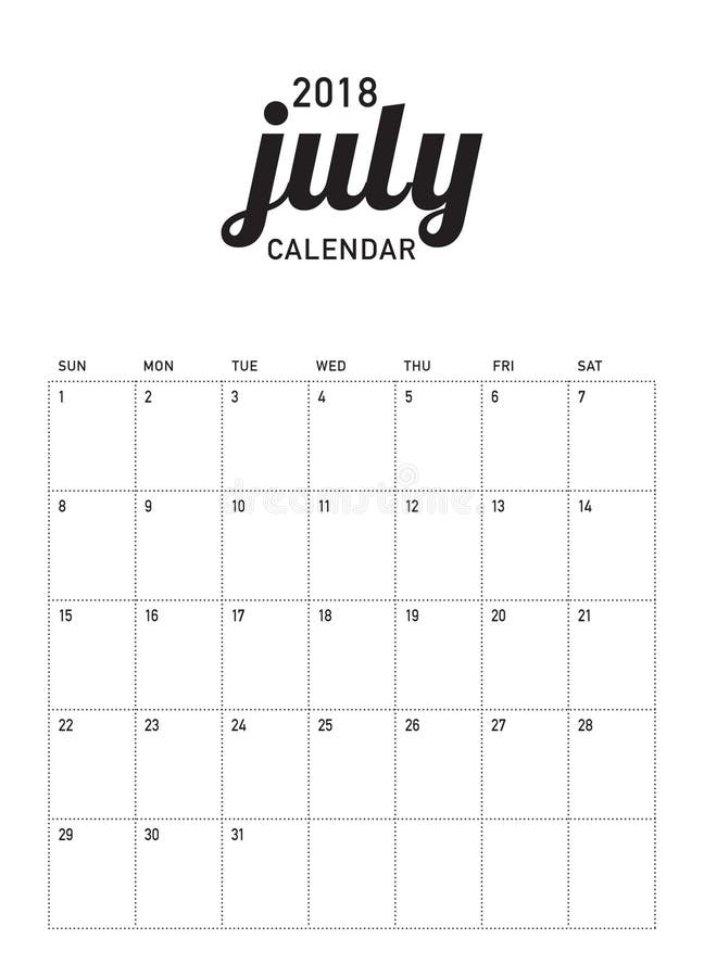 En julio de 2018 ejemplo del vector del planificador del calendario ilustración del vector En julio de 2018 ejemplo del vector del planificador del calendario ilustración del vector